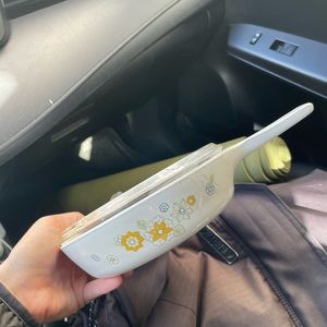 Vintage Corning Ware 6.5 inch skillet with lid. Floral bouquet decoration.